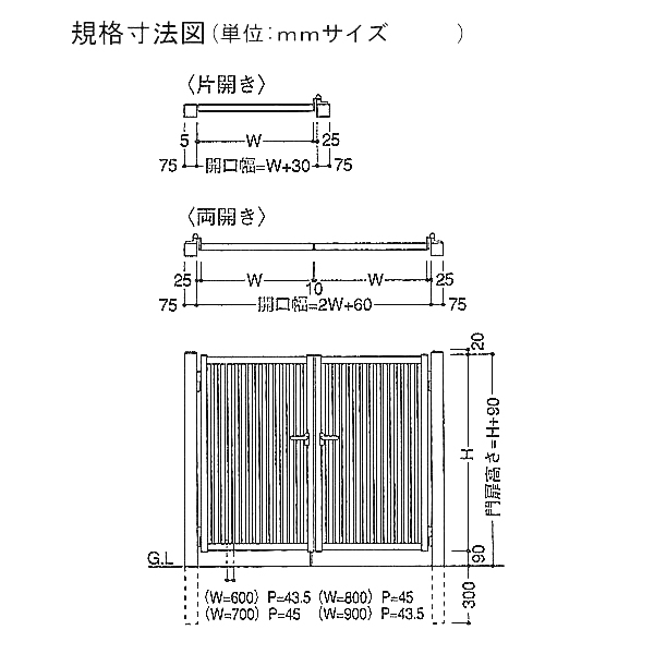 シンプル門扉寸法図
